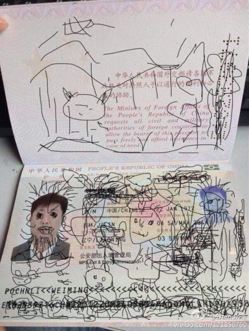 passport defaced china chinese national child draw on